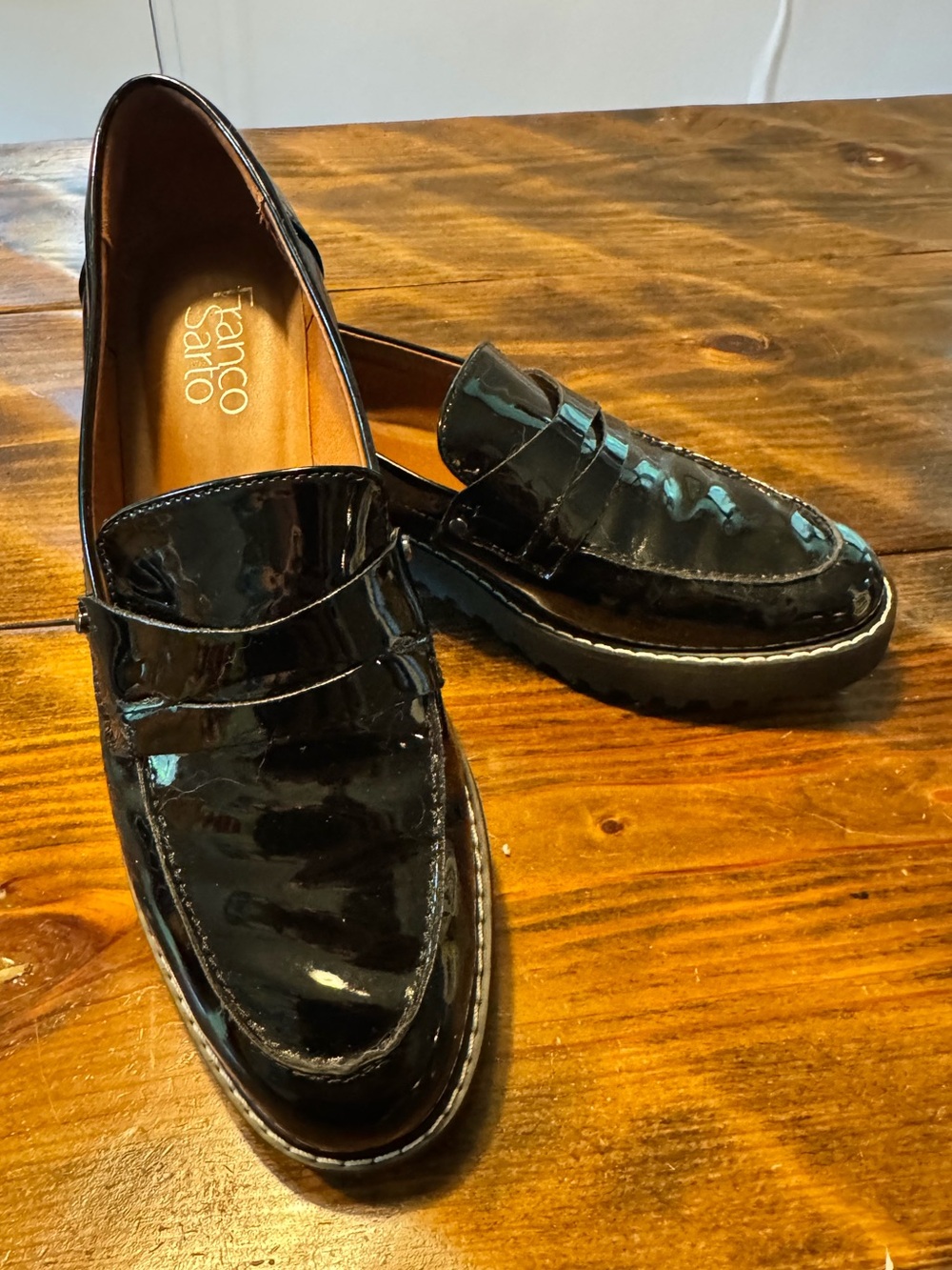 Franco Sarto Women 7.5M Cassandra Platform Penny Loafers Black Patent Lug Sole